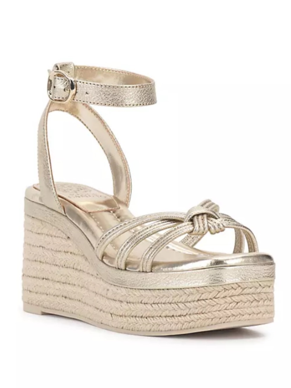Vince Camuto Metallic Gold Knotted Ankle Strap Platform Wedges